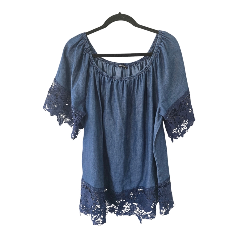 Unique Spectrum Denim Tunic Women 2XL Chambray Lace Stretch MockNeck Classic